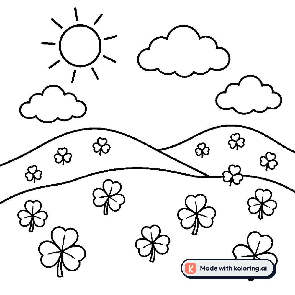 Black and white coloring page of rolling green hills dotted with clovers