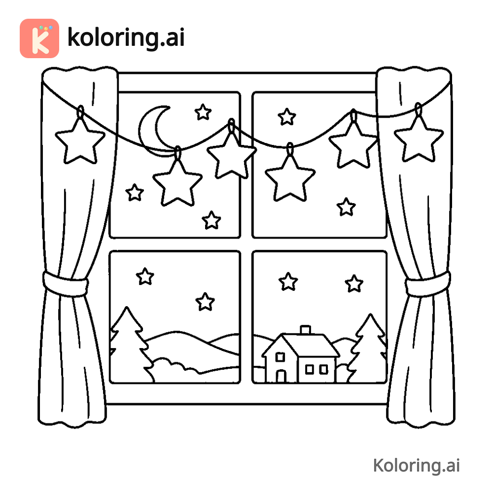Black and white coloring page of garland of stars strung across a window