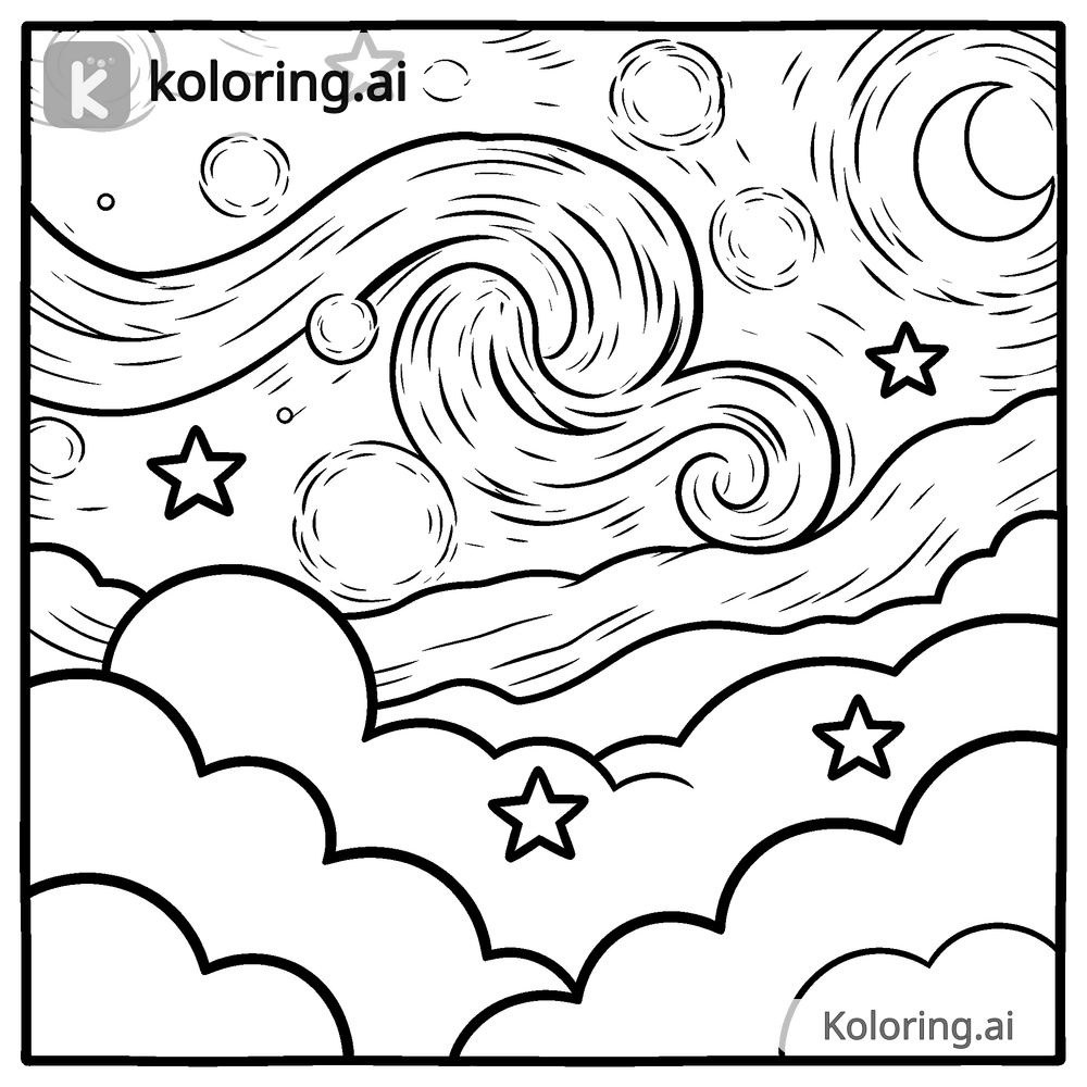 Black and white coloring page of night sky filled with star patterns and swirls