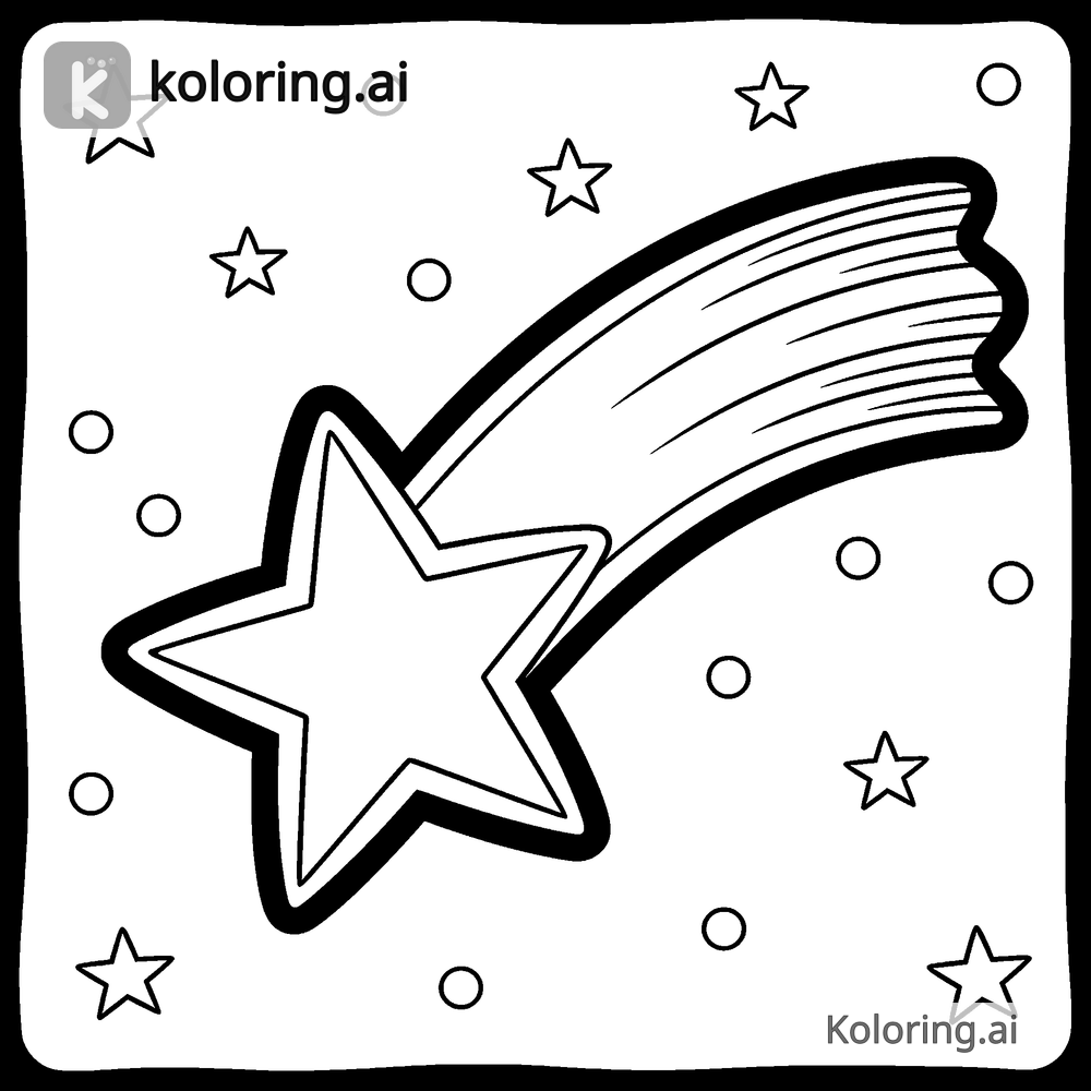 Black and white coloring page of shooting star across a night sky