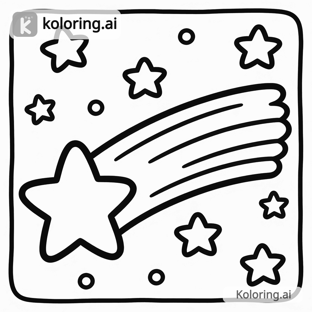 Black and white coloring page of shooting star with a trail across space
