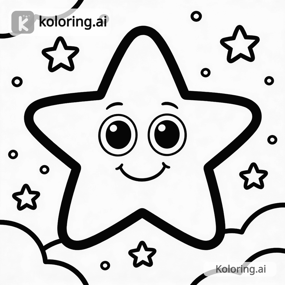 Black and white coloring page of smiling star with a cute face in the night sky