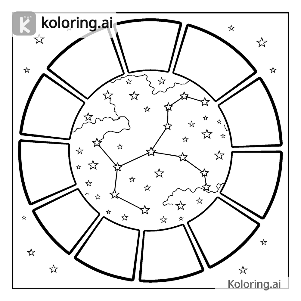 Black and white coloring page of star constellation map
