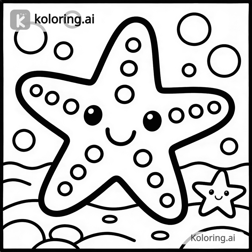 Black and white coloring page of star fish and star in the ocean together