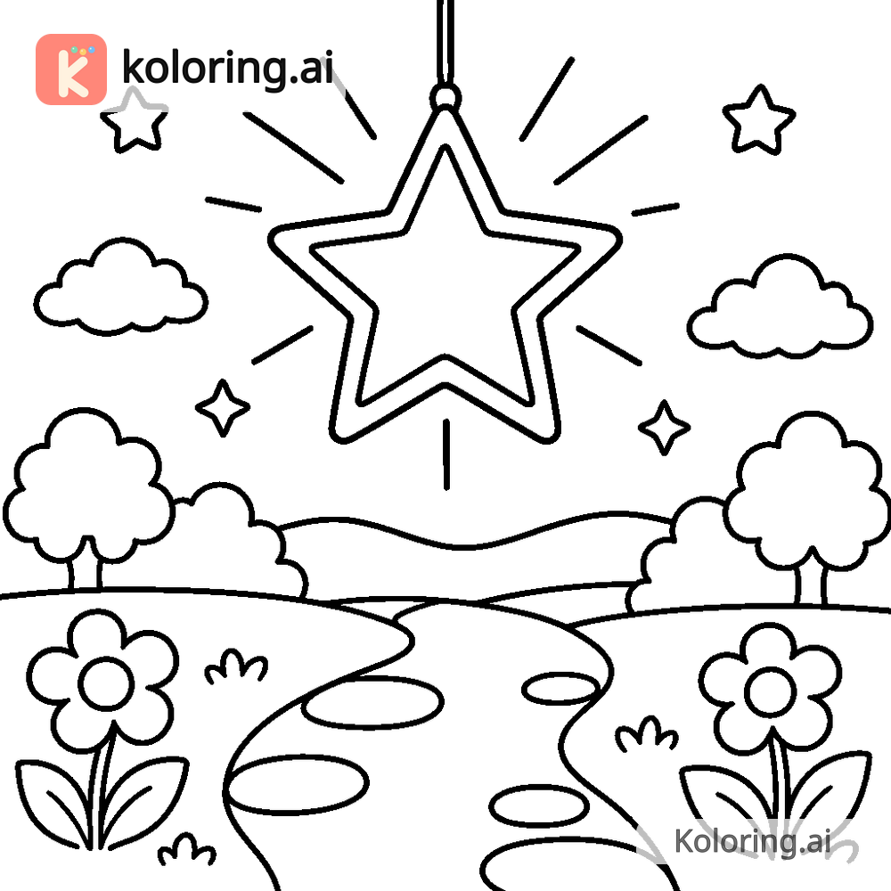 Black and white coloring page of star lantern glowing above a garden path