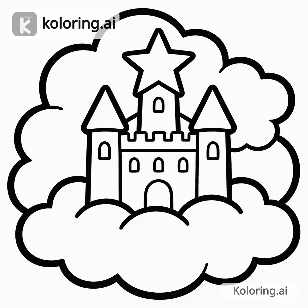 Black and white coloring page of star-shaped castle in the clouds