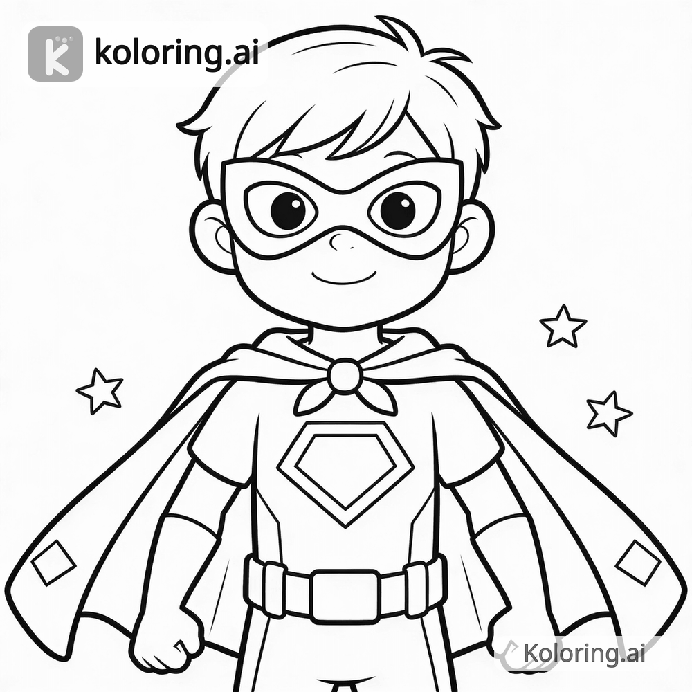 Black and white coloring page of kid superhero with a cape and mask