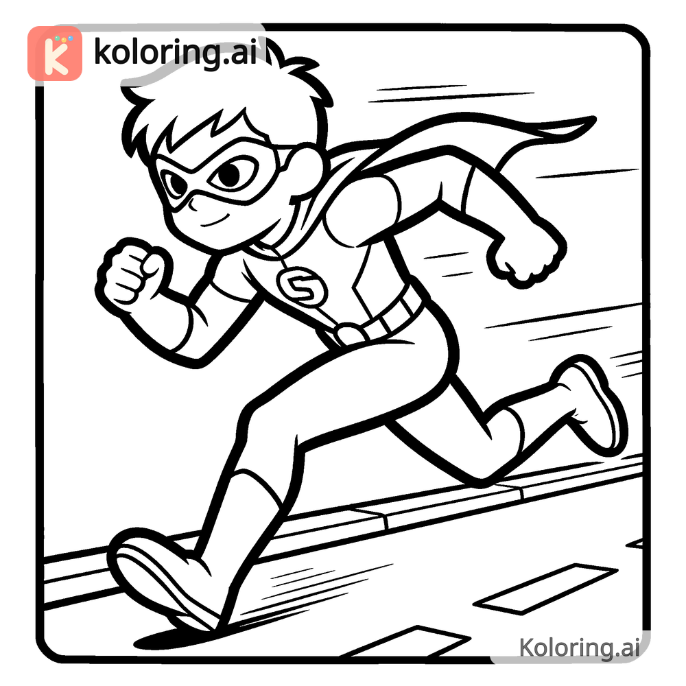 Black and white coloring page of superhero boy running with super speed down a street
