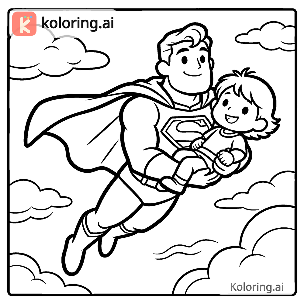 Black and white coloring page of superhero carrying a child to safety through the sky