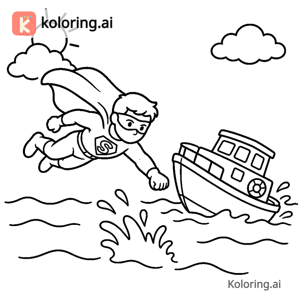 Black and white coloring page of superhero diving into the ocean to save a boat