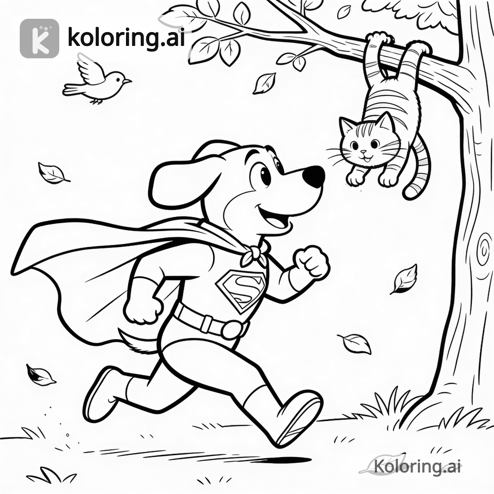 Black and white coloring page of superhero dog with a cape saving the day