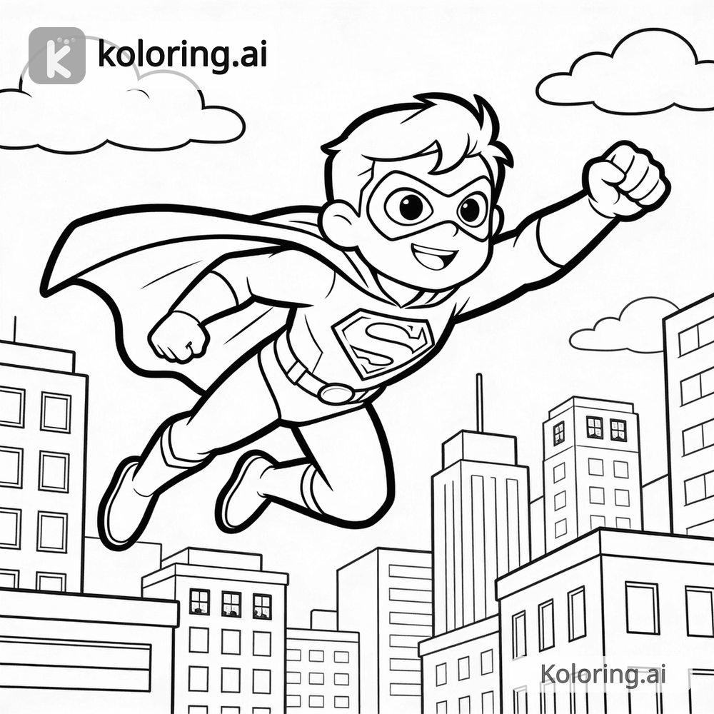 Black and white coloring page of superhero flying over a city skyline