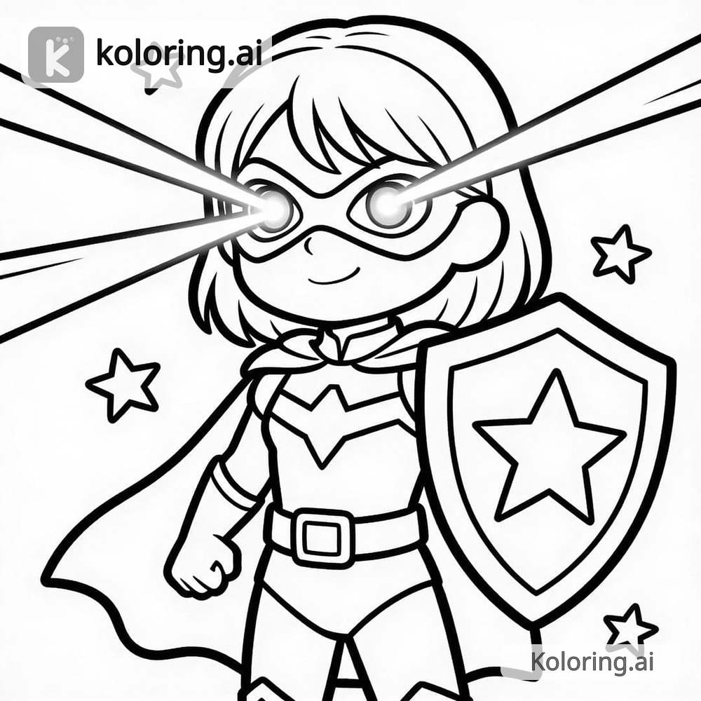 Black and white coloring page of superhero girl with laser eyes and shield