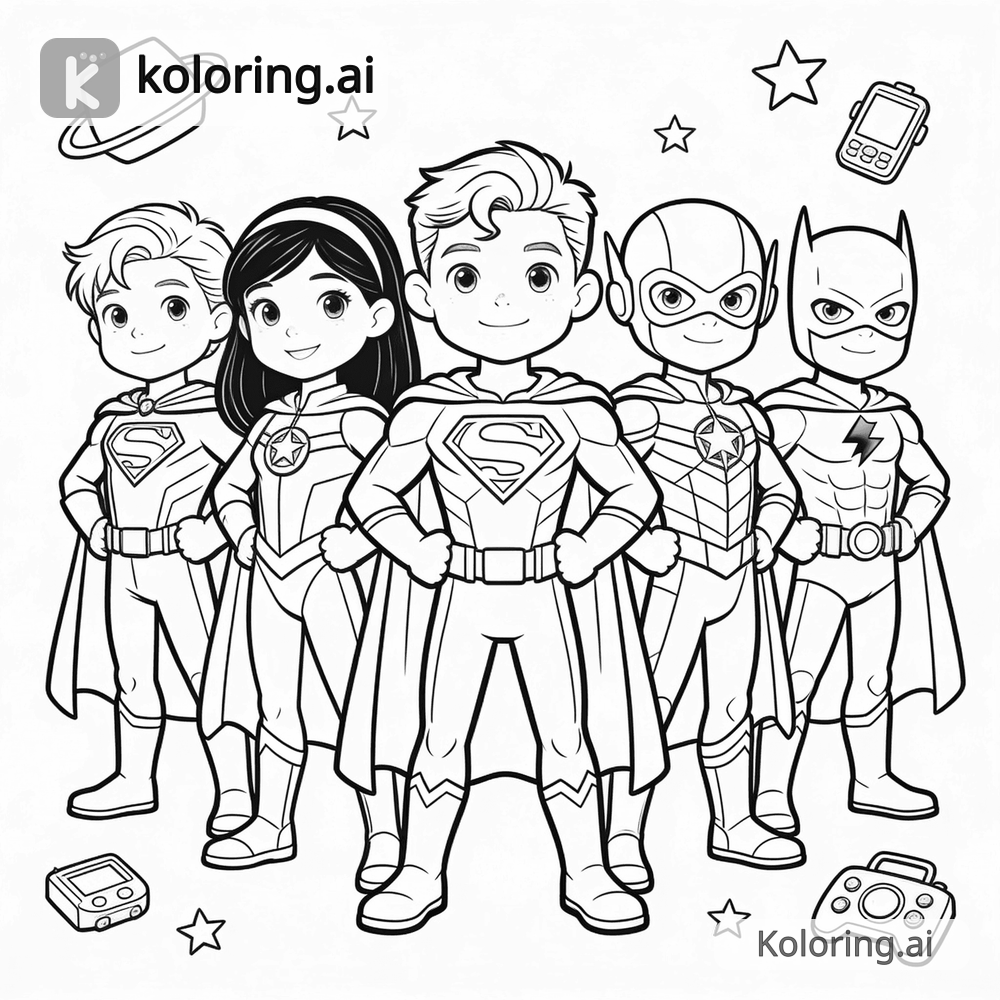 Black and white coloring page of superhero team standing together