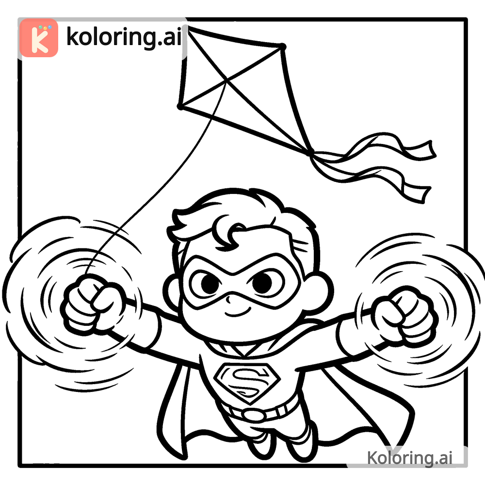 Black and white coloring page of superhero using wind powers to stop a falling kite