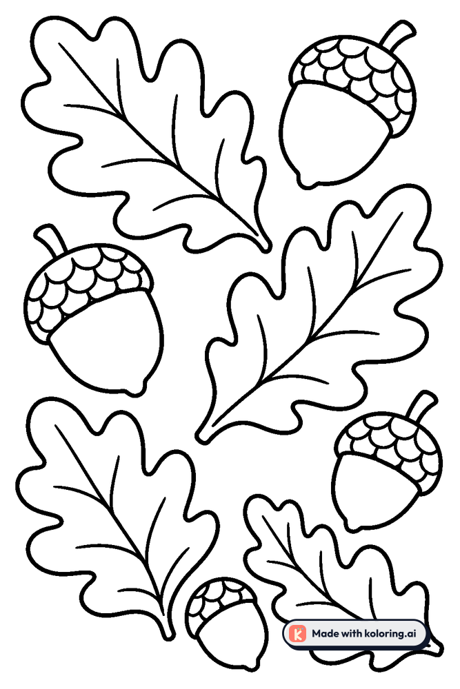 Black and white coloring page of acorns and oak leaves in a simple pattern