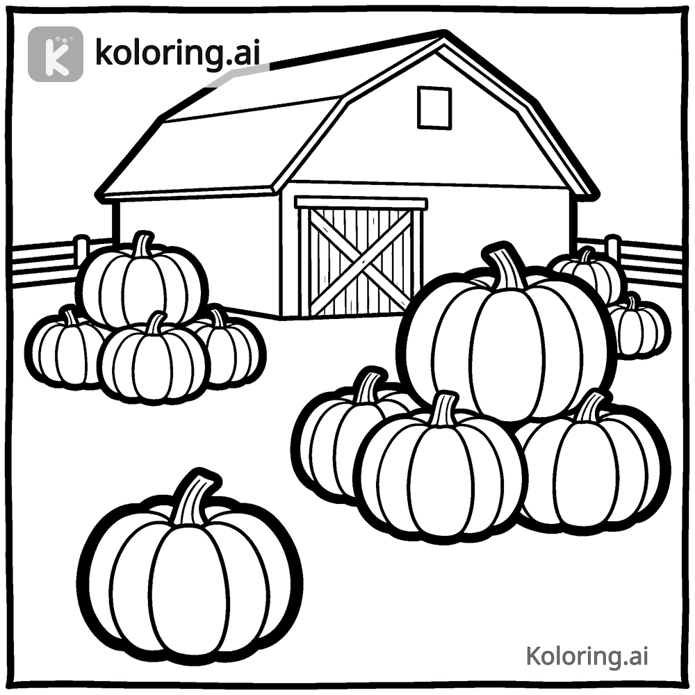 Black and white coloring page of barn surrounded by piles of pumpkins