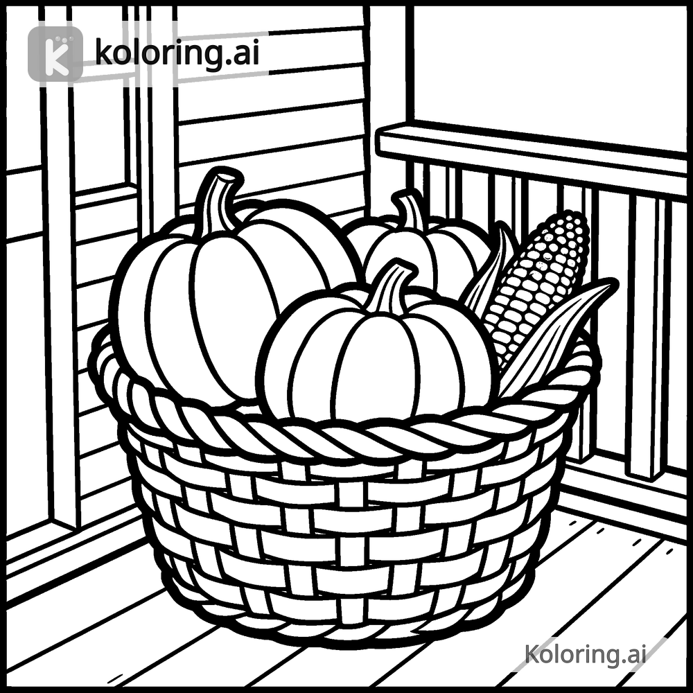 Black and white coloring page of basket of pumpkins and corn on a porch