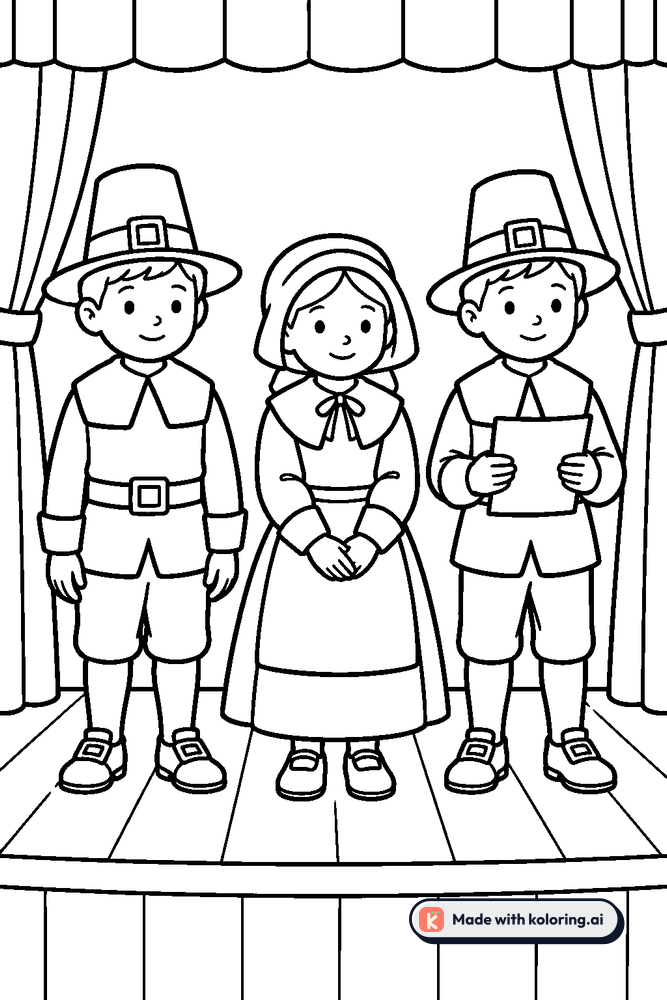 Children in pilgrim costumes at a school play Coloring Page