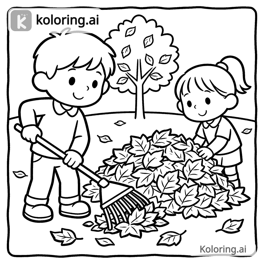 Black and white coloring page of children raking a pile of fall leaves
