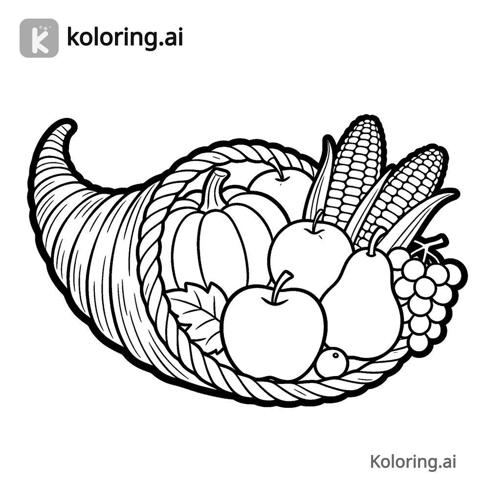 Black and white coloring page of cornucopia full of autumn harvest