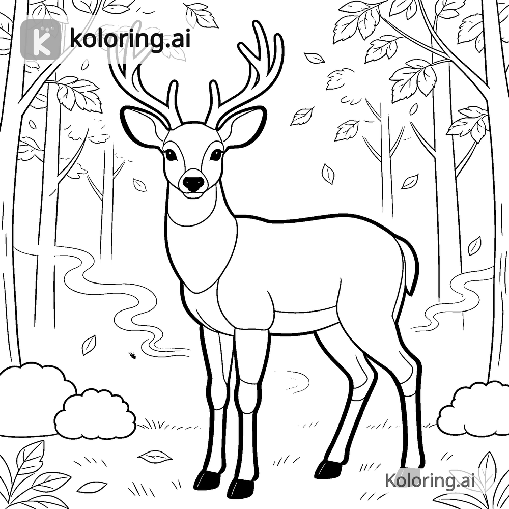 Black and white coloring page of deer standing in a misty autumn forest