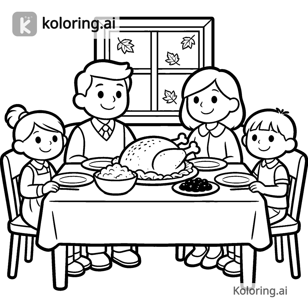 Black and white coloring page of family gathered around a thanksgiving table