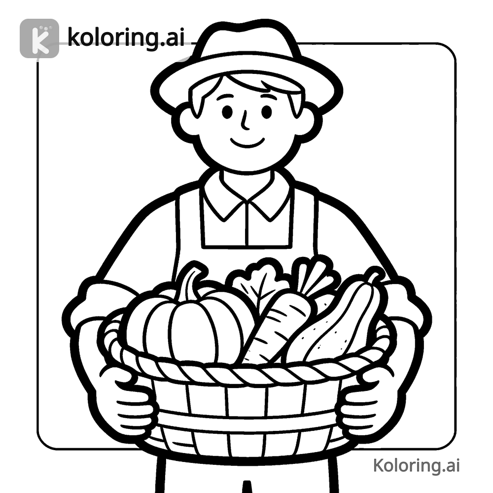Black and white coloring page of farmer carrying a basket of autumn vegetables