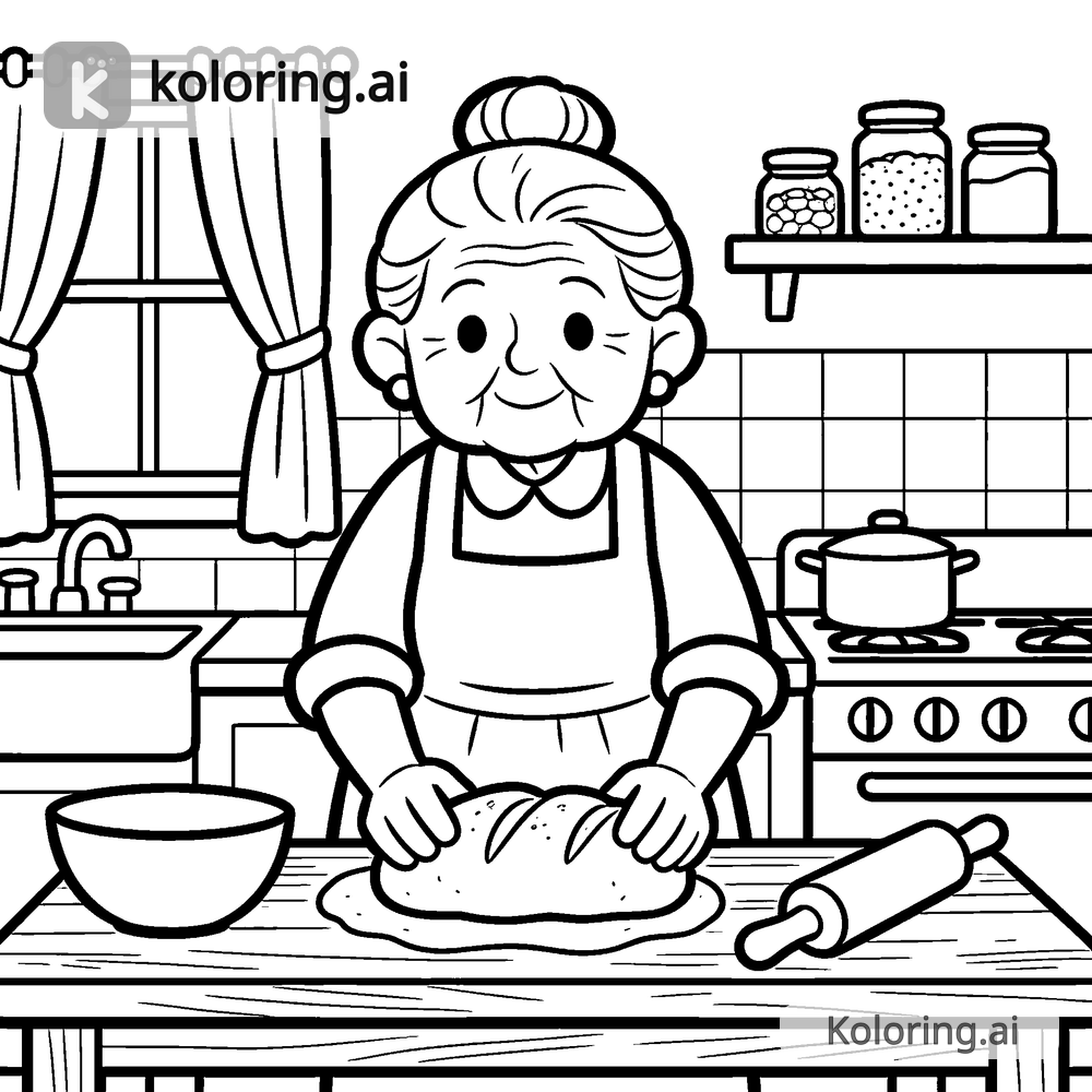 Black and white coloring page of grandmother baking bread in a cozy kitchen