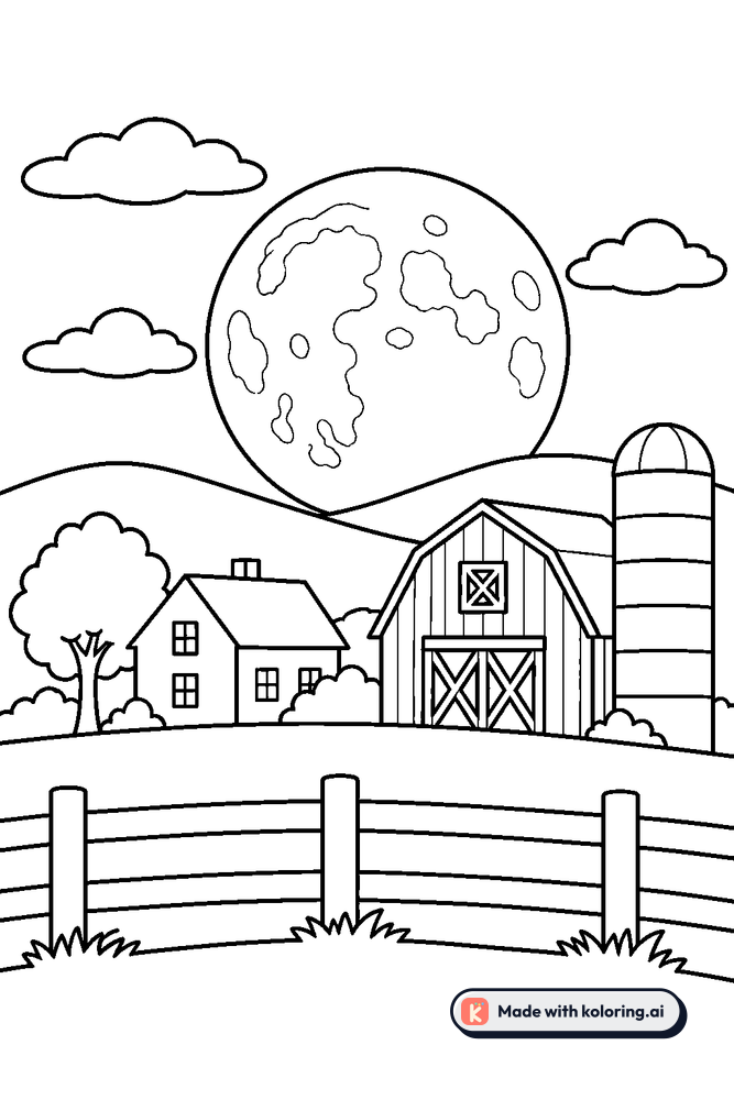 R Using Moon Harvest moon rising over a quiet farm Coloring Page