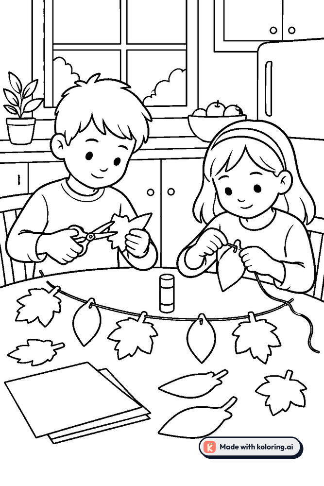 Kids making a paper leaf garland Coloring Page