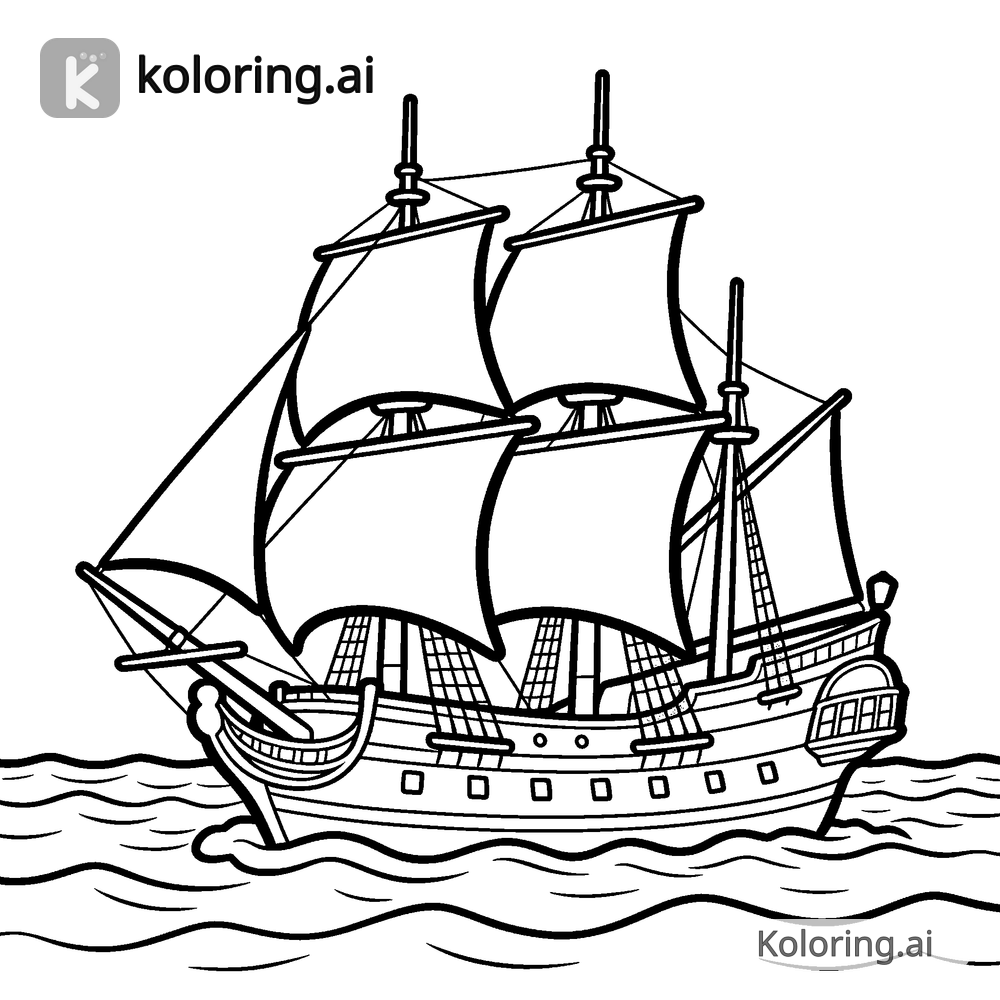 Black and white coloring page of mayflower ship sailing across the ocean
