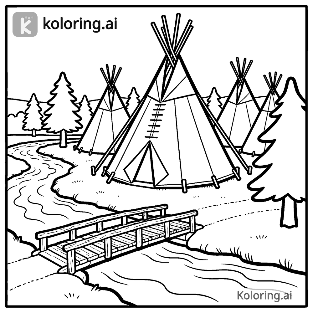 Black and white coloring page of native american village beside a river