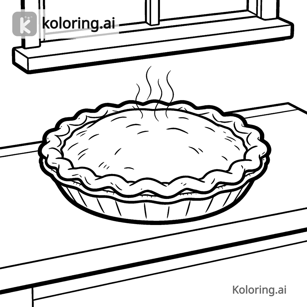 Black and white coloring page of pie cooling on a kitchen windowsill