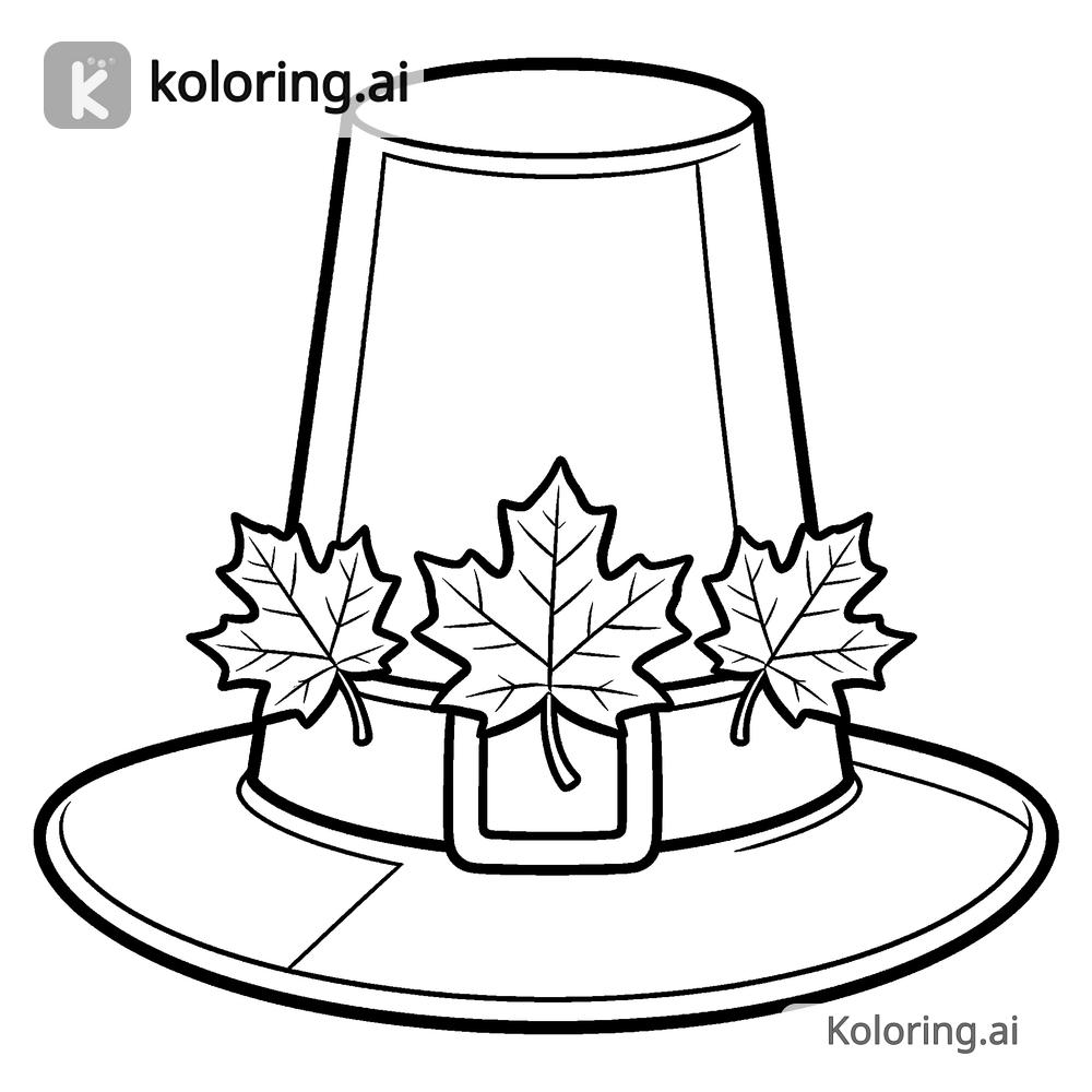 Black and white coloring page of pilgrim hat with maple leaves