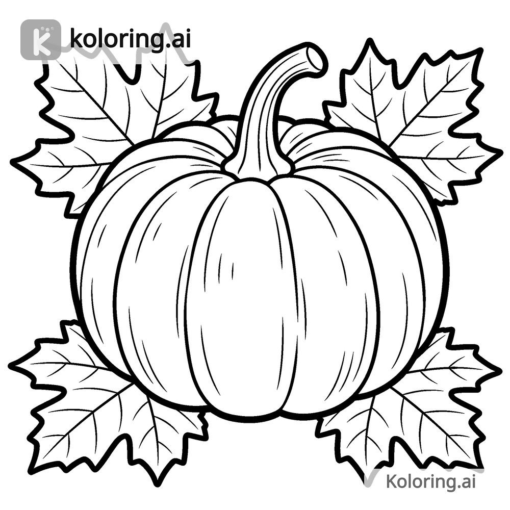 Black and white coloring page of pumpkin and fall leaves arrangement