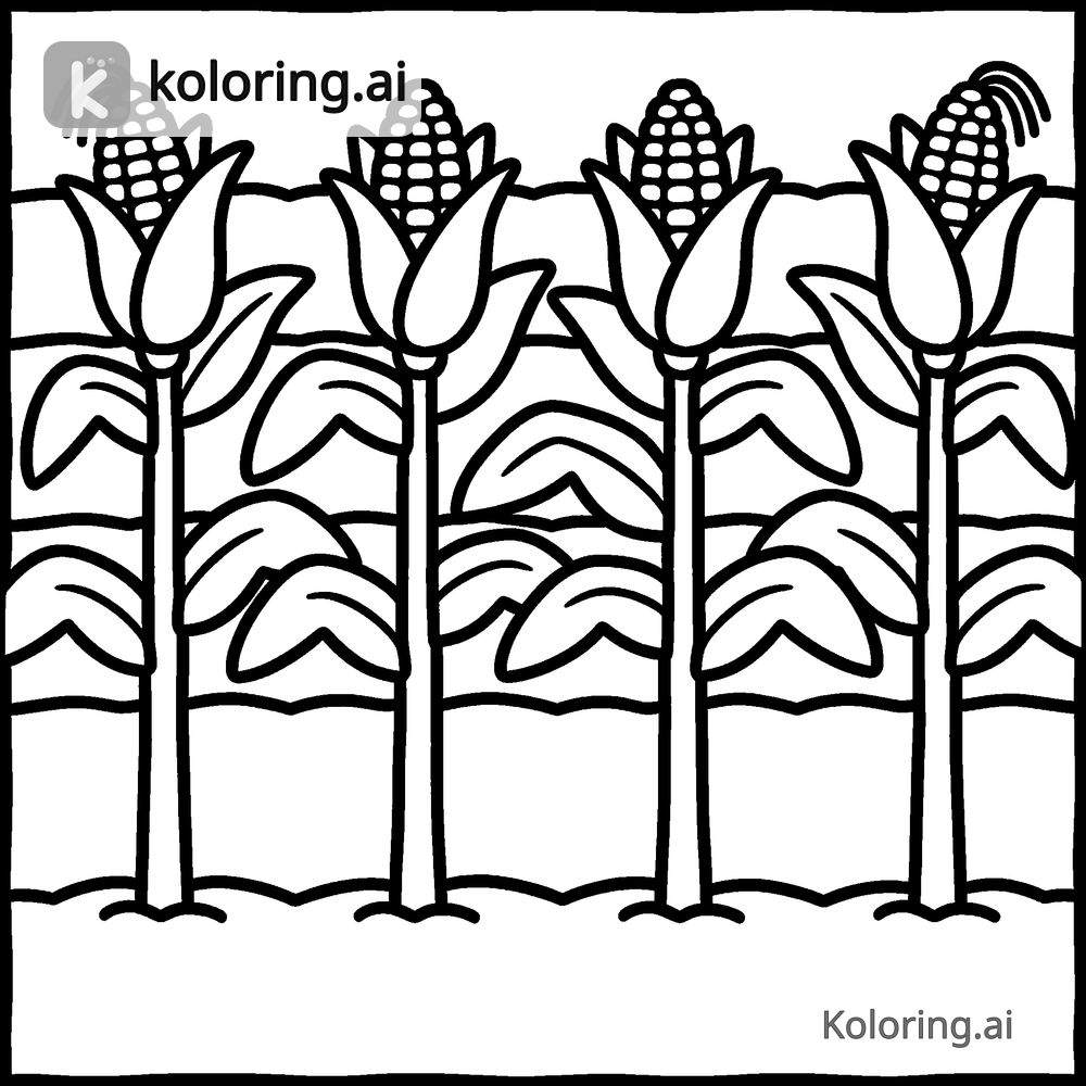 Black and white coloring page of rows of corn stalks in a harvest field