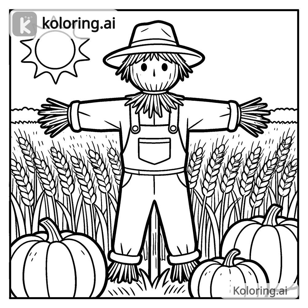 Black and white coloring page of scarecrow standing in a harvest field
