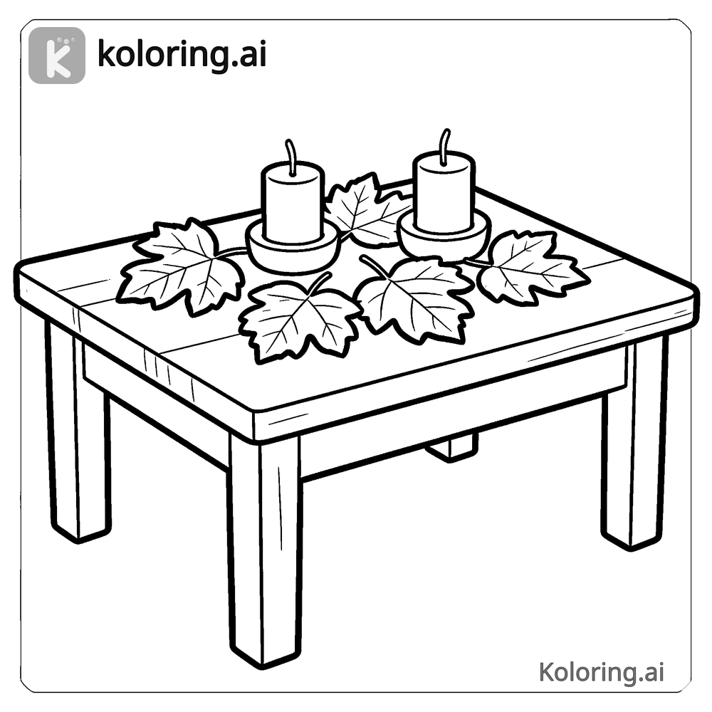 Black and white coloring page of table set with autumn leaves and candles