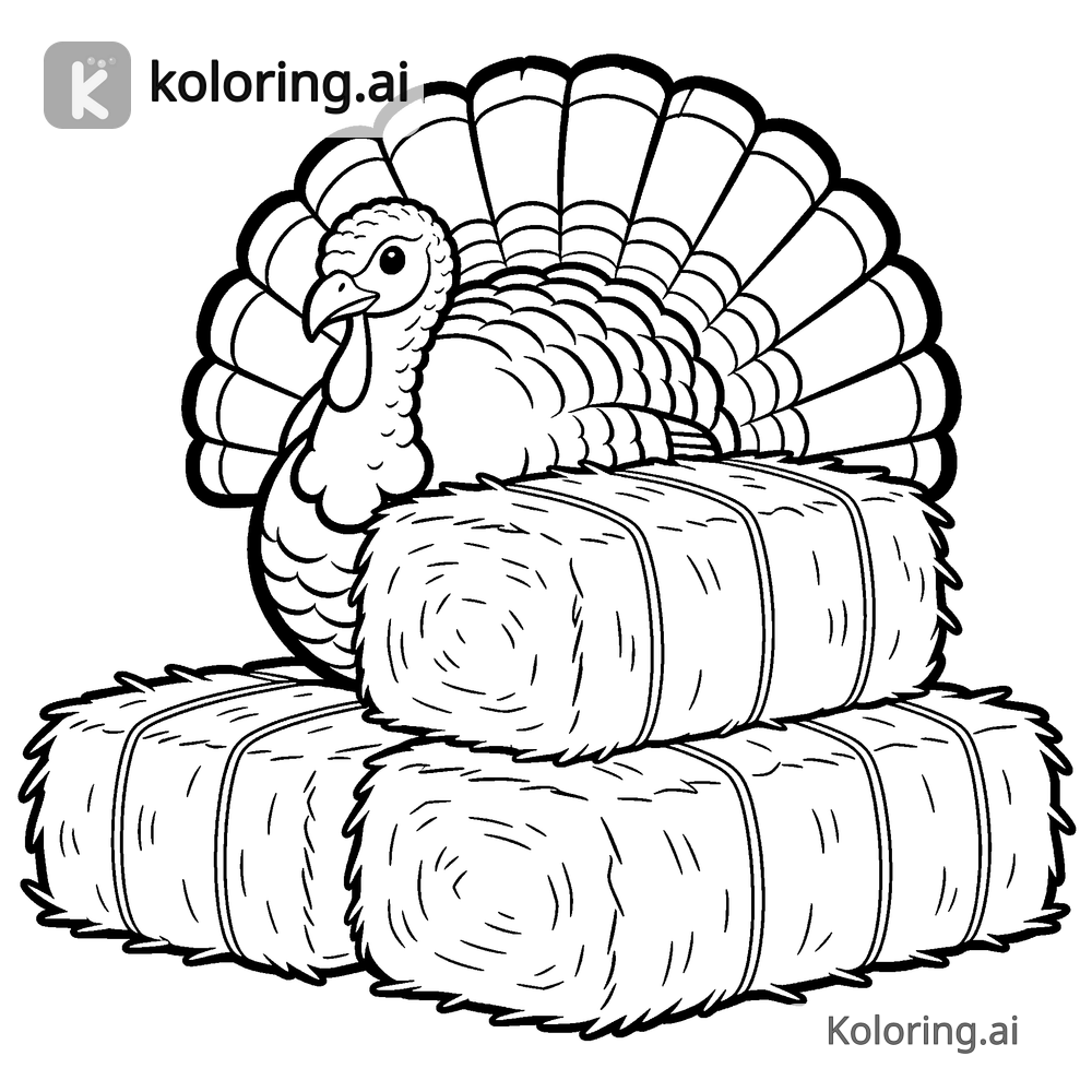 Black and white coloring page of turkey hiding behind a stack of hay bales