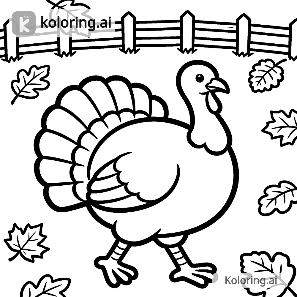 Black and white coloring page of turkey strutting through an autumn barnyard