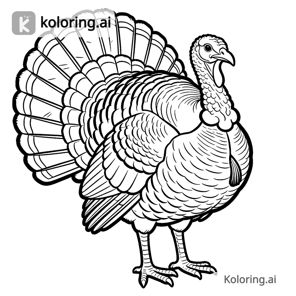 Black and white coloring page of turkey with colorful tail feathers
