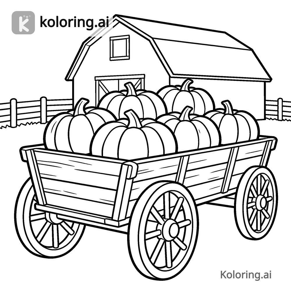 Black and white coloring page of wagon full of pumpkins on a farm