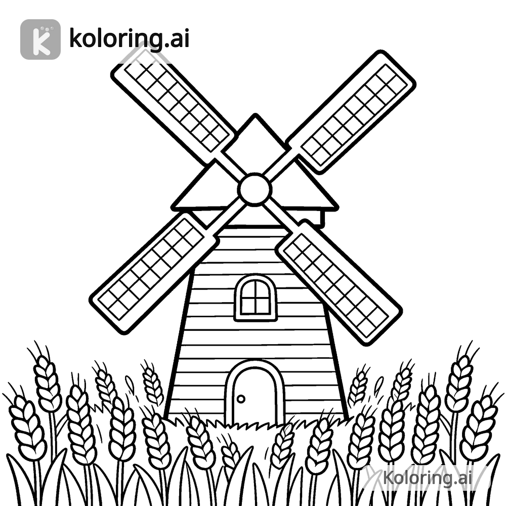 Black and white coloring page of windmill standing in a field of wheat