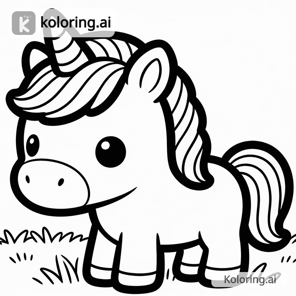 Black and white coloring page of baby unicorn with rainbow mane standing in a meadow