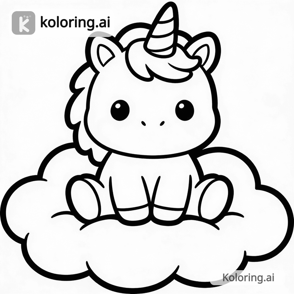 Black and white coloring page of cute baby unicorn sitting on a cloud