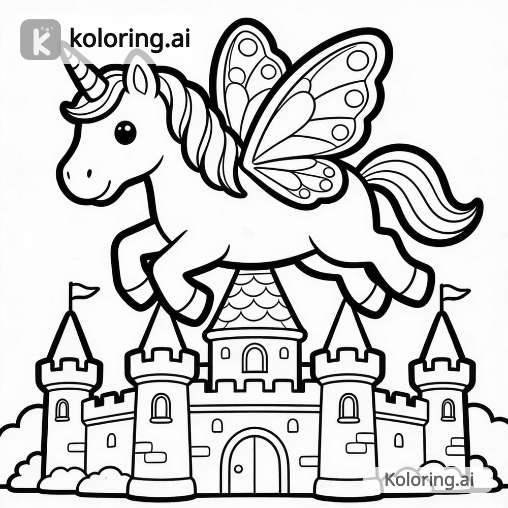 Black and white coloring page of flying unicorn with butterfly wings over a castle