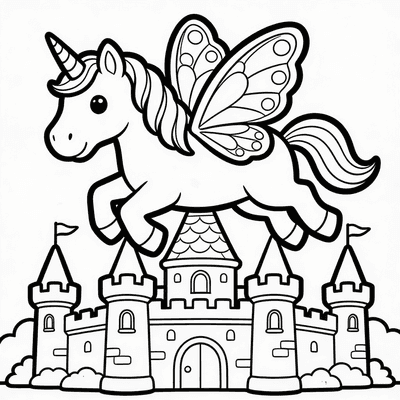 Flying Unicorn with Butterfly Wings Over a Castle