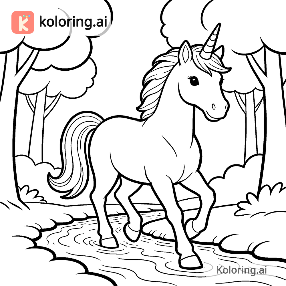 Black and white coloring page of unicorn crossing a gentle forest stream