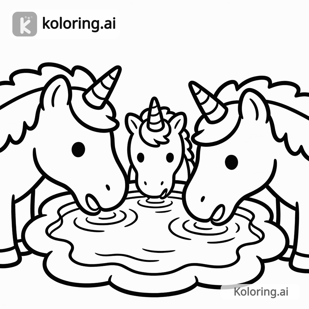 Black and white coloring page of unicorn family drinking from a magical pond
